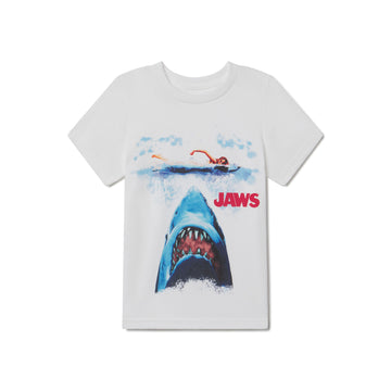 White t-shirt with 'Jaws' shark graphic and text on a white background. JAWS tee for youth kids.